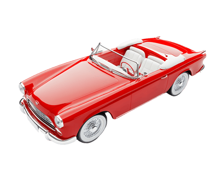 A vibrant red convertible car with a white interior, showcasing a classic design. png