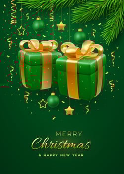 Christmas banner with 3D gift boxes with golden bows. Fir branches, gold metallic stars, balls on green background. Merry christmas greeting card. Holiday Xmas, New Year poster. vector