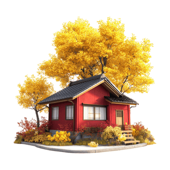 A small red house surrounded by trees png