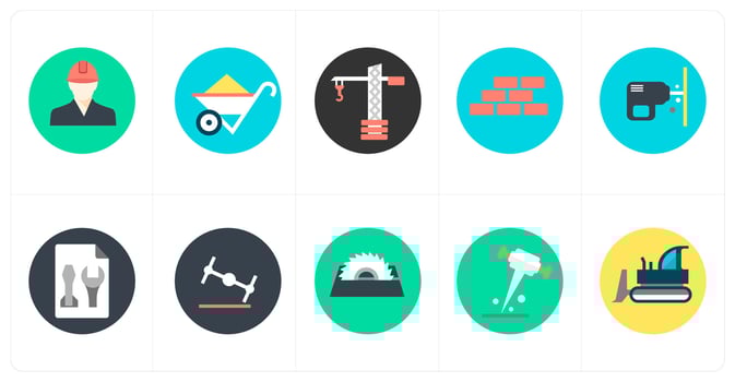 A set of 10 mix icons as engineer, wheel barrow, crane vector