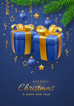 Christmas banner with 3D gift boxes with golden bows. Fir branches, gold metallic stars, balls on blue background. Merry christmas greeting card. Holiday Xmas and New Year poster. vector