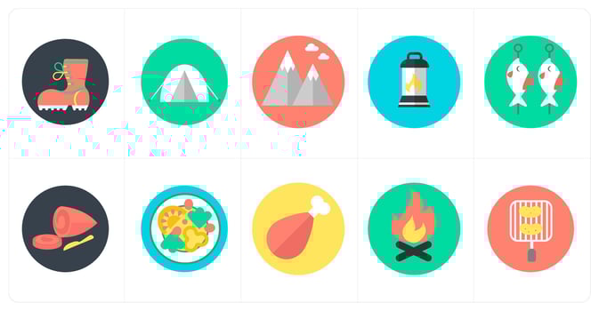 A set of 10 mix icons as hiking shoes, camping, hills, lantern vector