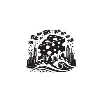 A black and white logo with a city skyline vector