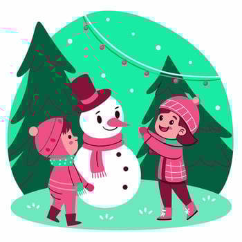 Two children are playing with a snowman in the winter vector