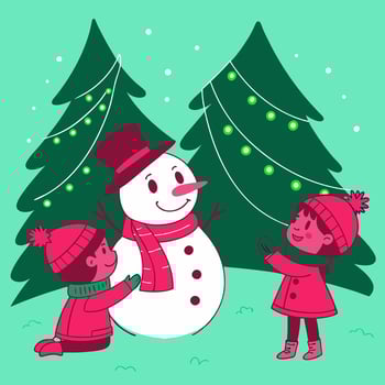Two children are playing with a snowman in the snow vector