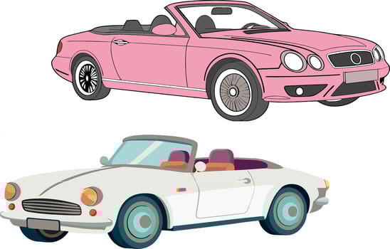 Two different types of cars, one is pink and the other is white vector