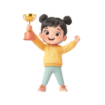Joyful child celebrating victory while holding a golden trophy. png