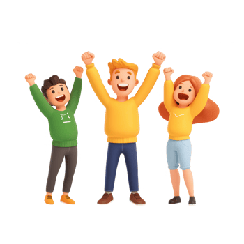 Three cheerful friends celebrating with raised hands and joyful expressions. png