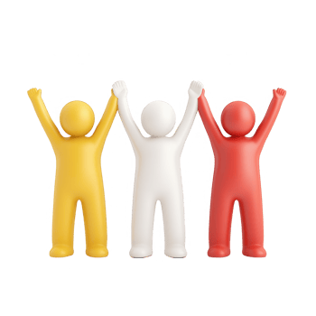 Three colorful figures celebrating joy and unity with raised arms. png