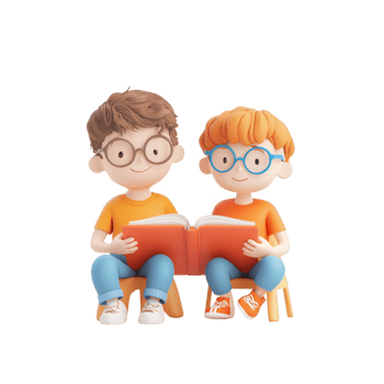 Two animated children reading a book together, sharing a joyful learning experience. png