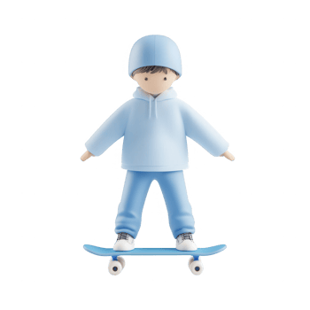 A cartoon character skateboarding with a playful expression in casual attire. png