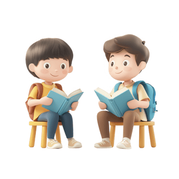 Two cheerful boys reading books together in a cozy setting. png