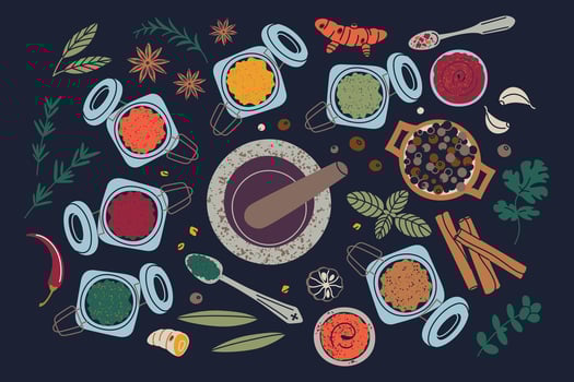 illustration of colorful spices in glass jars with mortar and pestle, poster or banner with herbs and condiments on dark background. Flat design, cartoon style, perfect for cooking themes vector