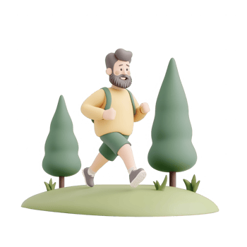 A man jogging in a serene outdoor setting surrounded by trees and greenery. png