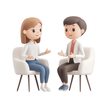 Two cartoon characters engaged in a friendly conversation in modern chairs. png