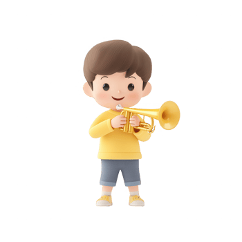 A cheerful boy playing a trumpet in a vibrant yellow outfit, embodying joy and music. png