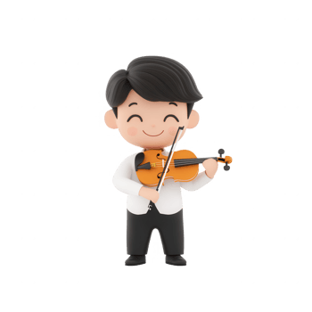 A cheerful animated musician playing the violin, exuding joy and creativity. png