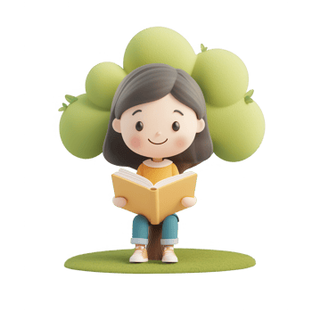 A cheerful girl reading a book under a tree, enjoying nature's tranquility. png