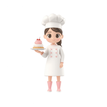 A cheerful cartoon chef presents a delicious cake, perfect for culinary creativity. png