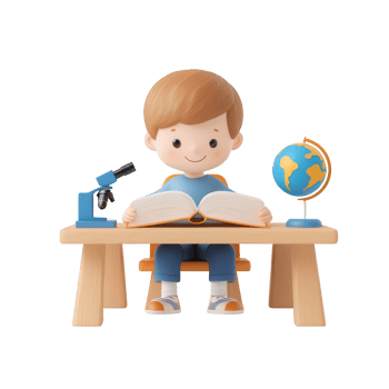 A cheerful child studying at a desk with a microscope and globe, fostering curiosity. png