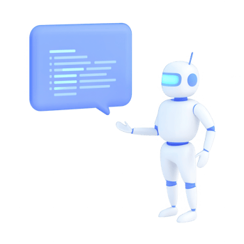 A futuristic robot displaying code in a conversation bubble. png