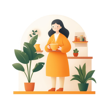 A cozy indoor scene with a woman enjoying her leisure time surrounded by plants. png