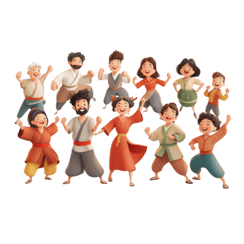 A joyful group of diverse characters celebrating together in a vibrant setting. png