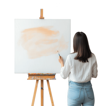 A woman painting on a blank canvas in a creative and inspiring environment. png