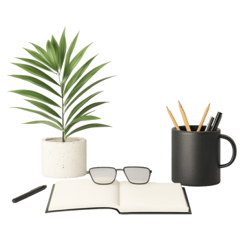 A stylish workspace arrangement with plants, notebook, and stationery for inspiration. png