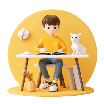 A young boy studying at a desk, surrounded by colorful stationery and a cute dog. png