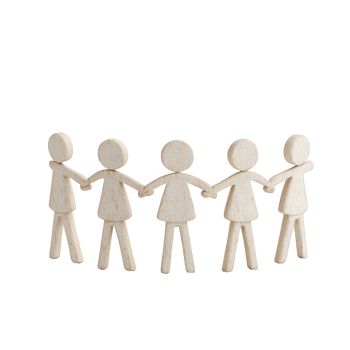 Wooden figures holding hands, symbolizing unity, collaboration, and community support. png
