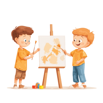 Two cheerful boys painting together on an easel, exploring their creativity and friendship. png