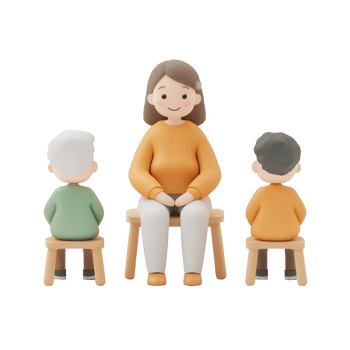 A woman engages in conversation with two children, fostering connection and understanding. png