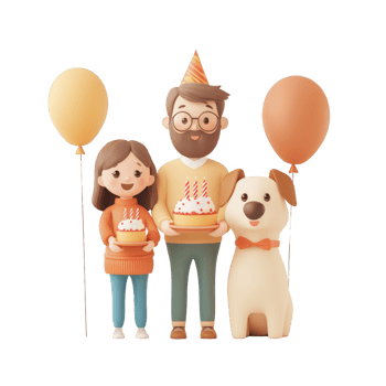 Cheerful family celebrating a birthday with cake, balloons, and a pet dog. png