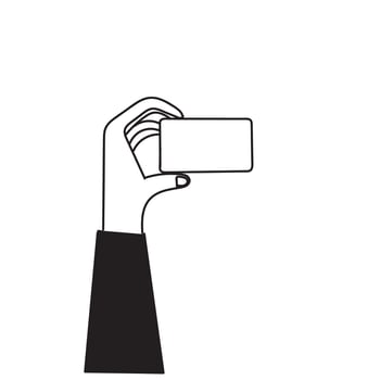 a hand holding a blank card in front of a white background doodle vector