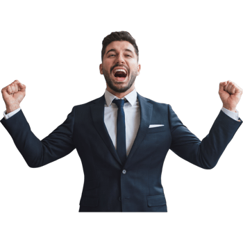 Man in a suit and tie is smiling and raising his arms in the air png