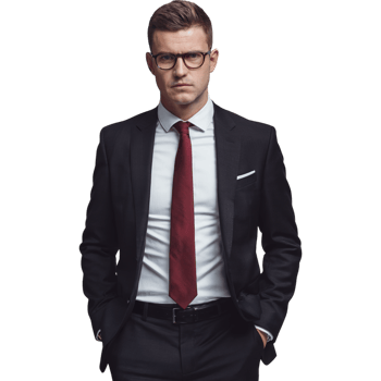 Man in a suit and tie stands with his hands on his hips png