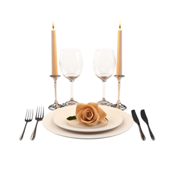 a table setting with two candles and a rose png