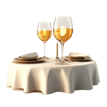 wine glasses on a table with a plate and napkins png