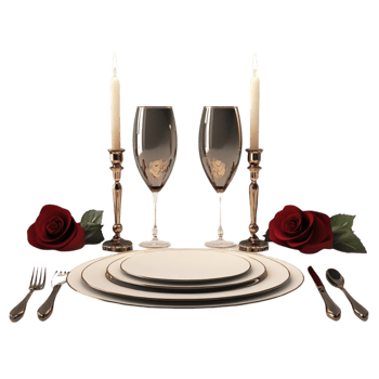 a table setting with two glasses and two roses png