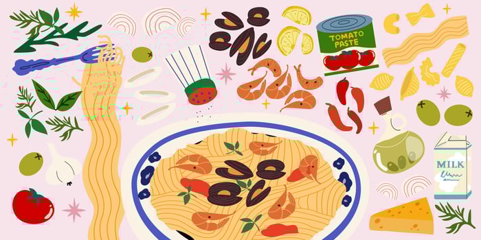 Traditional Italian cuisine. Italian seafood pasta with shrimps and mussels. Italian seafood dish food recipe retro poster. Mediterranean food. illustration on a pink background vector