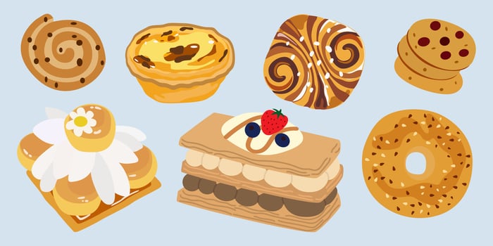 French pastries for bakery menu design. Bakery cute food set. Retro stickers for bakery and coffee shops. Sweet baked desserts from wheat flour vector