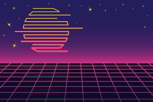 Retro futuristic landscape with neon grid, abstract sun, and starry sky in vaporwave style. Nostalgia abstract poster with copy space. Good for banner or background vector
