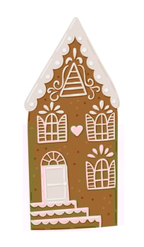 Illustration of detailed gingerbread house with white icing decorations and heart shaped accents vector