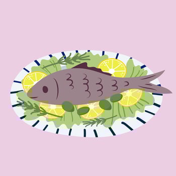 Hand drawn flat food illustration, fish on a plate with lettuce leaves, lemon slices and olives, traditional Greek cuisine. vector