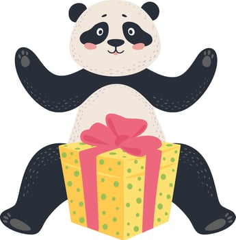 Adorable panda bear sitting with a yellow gift box with pink ribbon, arms raised in excitement, celebrating a special occasion with joy and gratitude vector