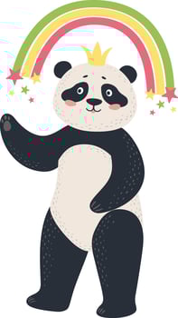 Adorable panda bear wearing golden crown waving paw standing under colorful rainbow with shining stars, cartoon illustration isolated on white background vector