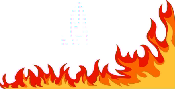 Red and orange cartoon fire flames forming a frame border, rising from the bottom corner against a white background, ideal for danger, warning, and attention grabbing designs vector