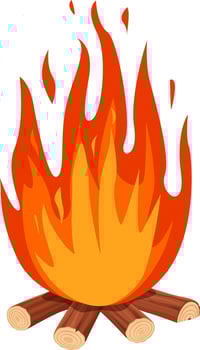 Bonfire burning brightly against a white background, flames dancing over firewood, creating a warm and inviting atmosphere perfect for camping adventures and outdoor gatherings vector