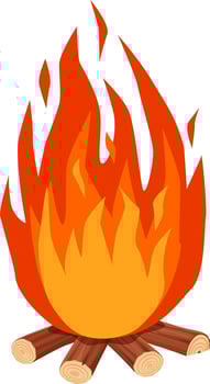 Bonfire burning brightly against a white background, radiating warmth and inviting ambiance, ideal for camping adventures or cozy outdoor gatherings with friends and family vector